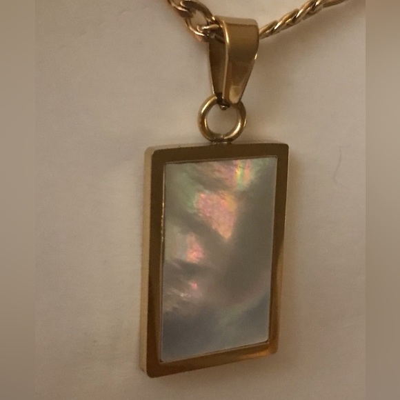 Mother Pearl Rectangle Iridescent Shell Gold Stainless Steel Geometric Necklace - Picture 3 of 17